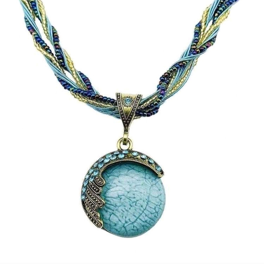 Beautiful Beaded Hand Woven Blue & Gold Pendant Choker Necklace New!